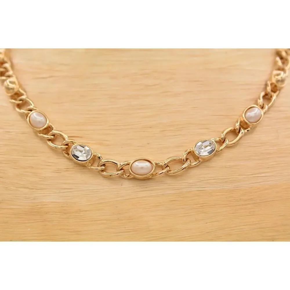 Vintage Collar Necklace Gold Rhinestone Crystal Faux Pearl Chain Heavy Y2K 9J